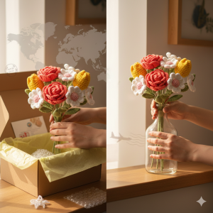 Crochet Flowers Getting Packed for World Wide Delivery