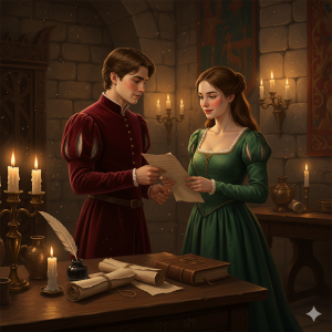 Medieval couple exchanging a handwritten love letter