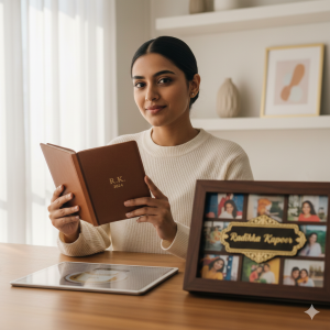 a young woman holding a book with a personalised gift