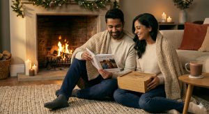 A pair sitting together reading a book with a personalised gifts