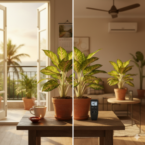 Aglaonema plant showcased across diverse Indian indoor settings