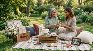 Mom and daughter eating cake together