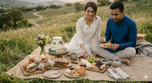 Couple sitting on a picnic set up with food on table