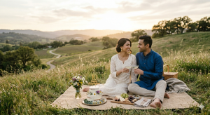 Picnic scene where a young couple sitting on a mat