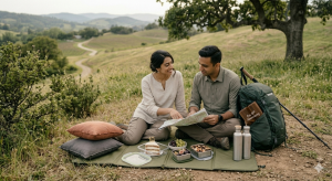 Couple sitting on a mat ready with adventure gear
