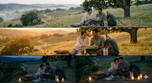 Multiple photos of a couple enjoying picnic at different time stamps
